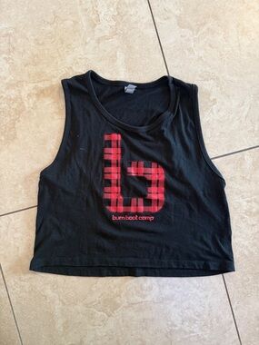 Burn Boot Camp Black Crop Tank with Red Plaid Logo